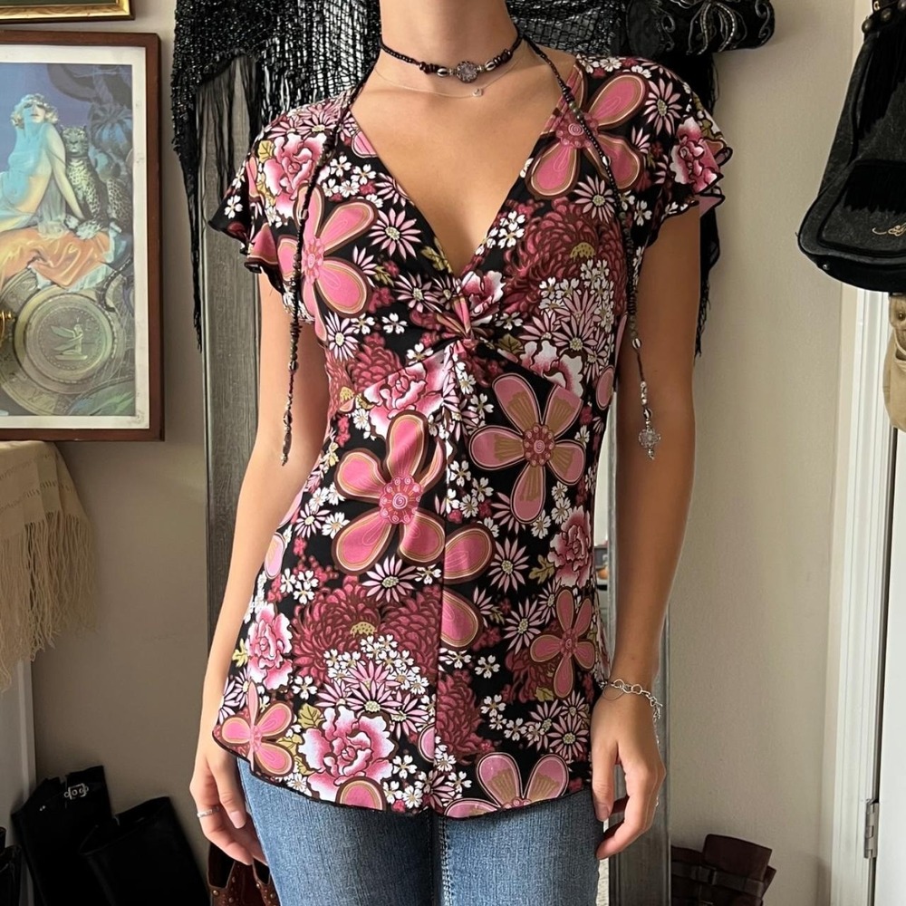 Y2K Pink and Brown Floral Blouse with Deep Neck